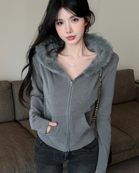 Plush zip slim tops hooded short cardigan for women