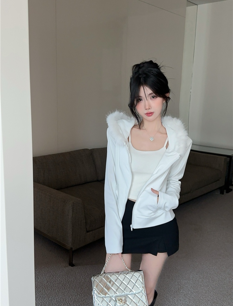 Plush zip slim tops hooded short cardigan for women