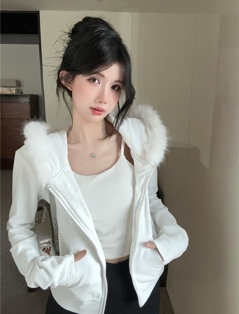 Plush zip slim tops hooded short cardigan for women