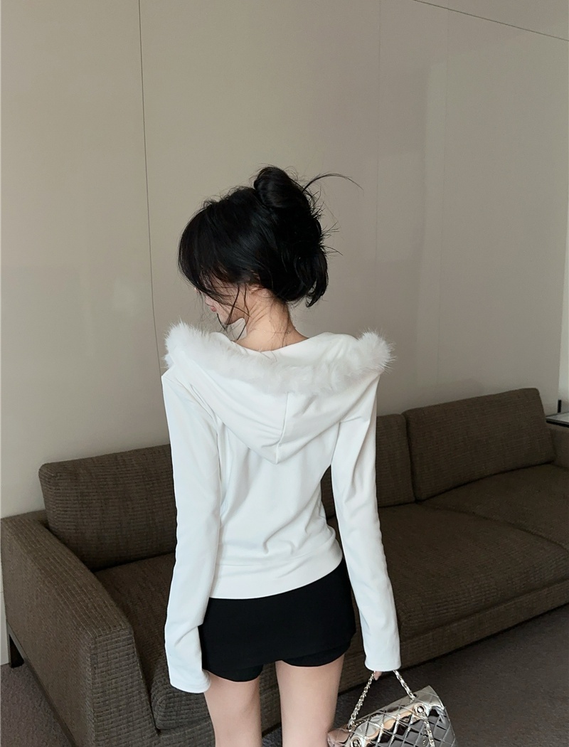 Plush zip slim tops hooded short cardigan for women