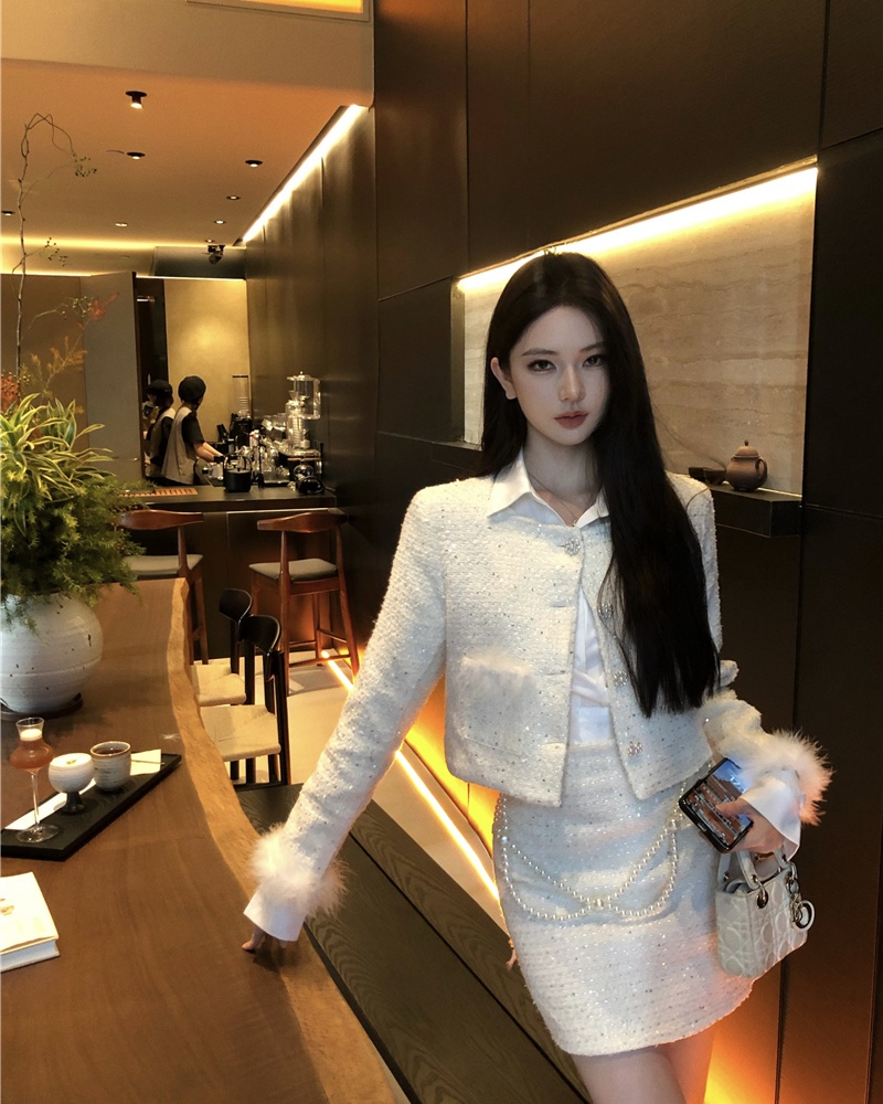 Ostrich hair skirt chanelstyle coat 2pcs set for women