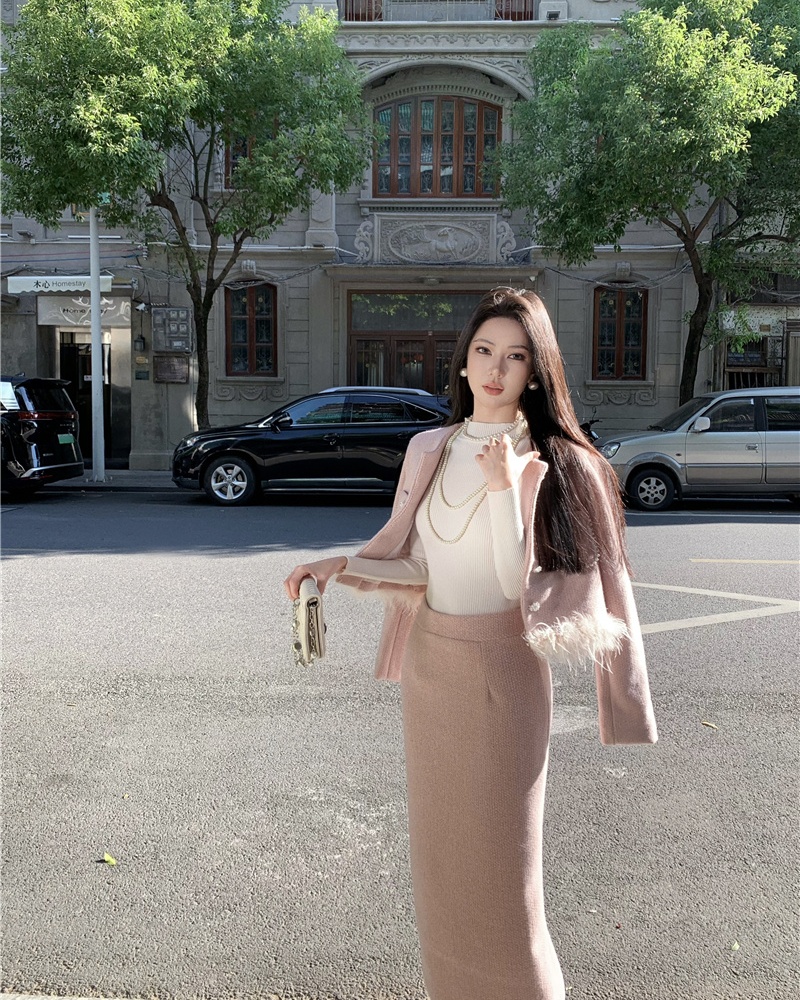 Pink ostrich hair skirt chanelstyle thick coat a set