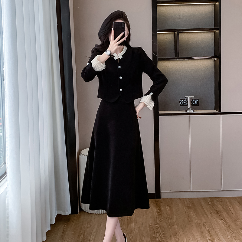 Autumn and winter Chinese style A-line slim skirt 2pcs set