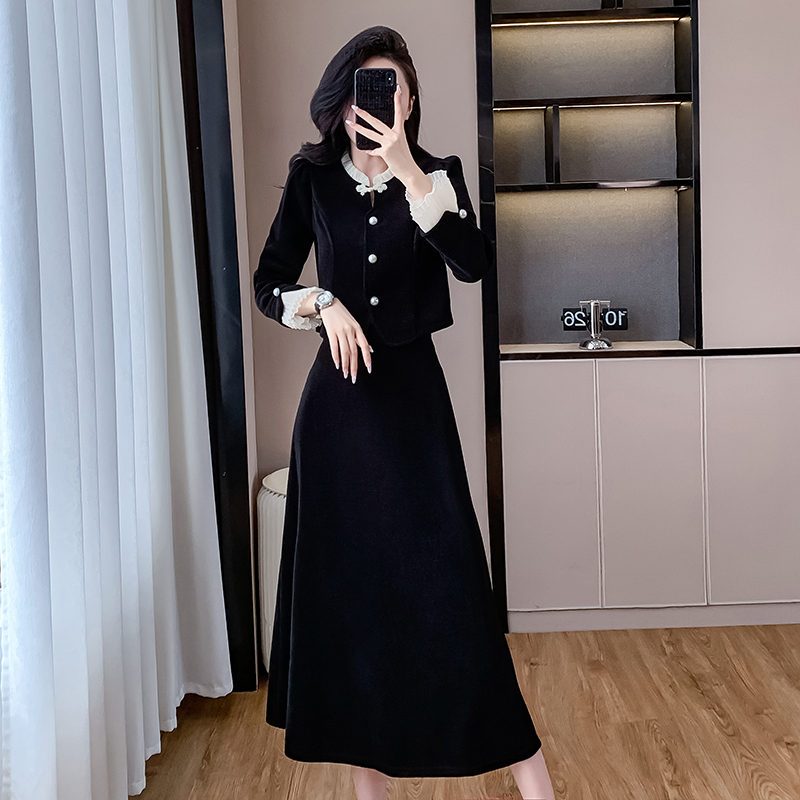 Autumn and winter Chinese style A-line slim skirt 2pcs set