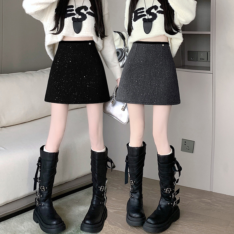 Chanelstyle A-line short skirt package hip woolen skirt