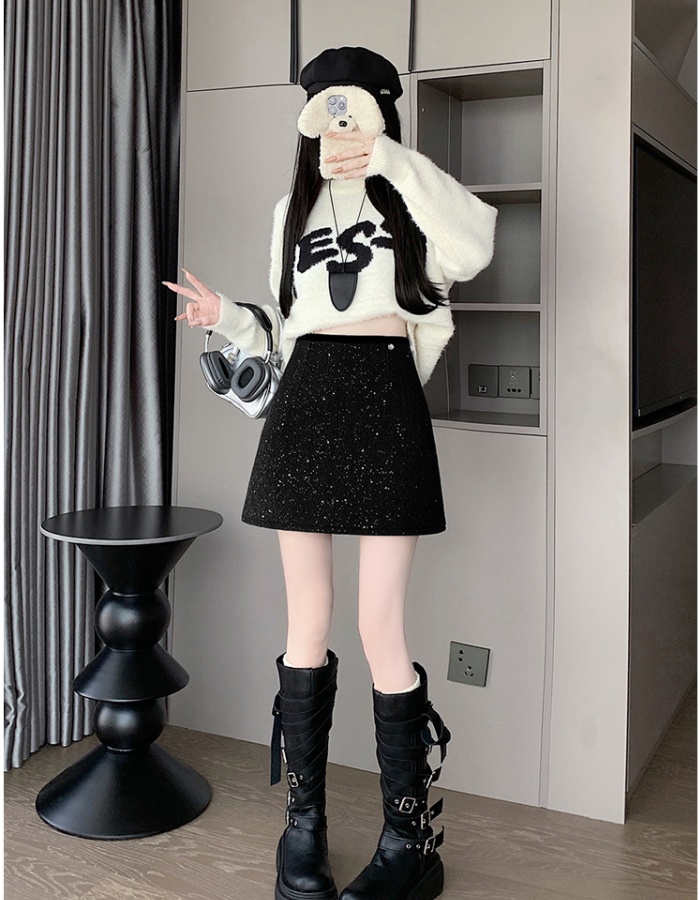 Chanelstyle A-line short skirt package hip woolen skirt