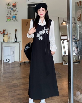 Long large yard Pseudo-two slim black dress for women