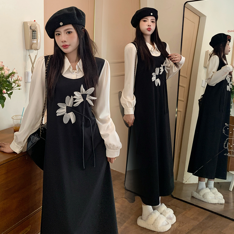 Long large yard Pseudo-two slim black dress for women