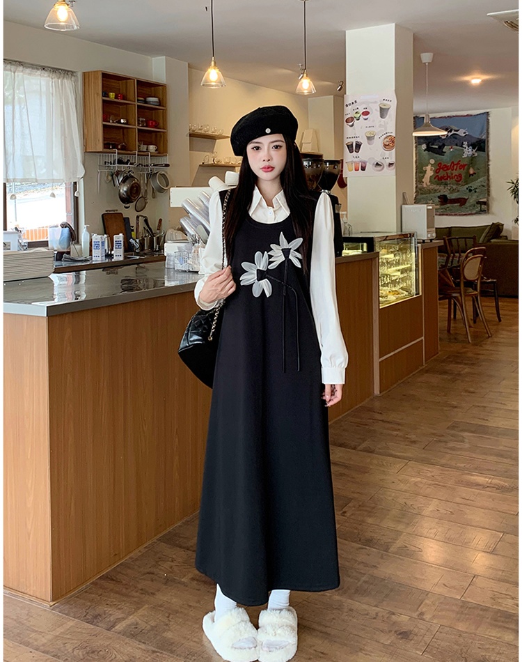 Long large yard Pseudo-two slim black dress for women