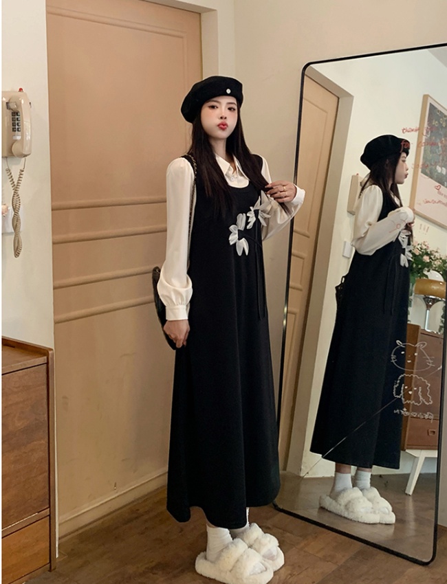 Long large yard Pseudo-two slim black dress for women