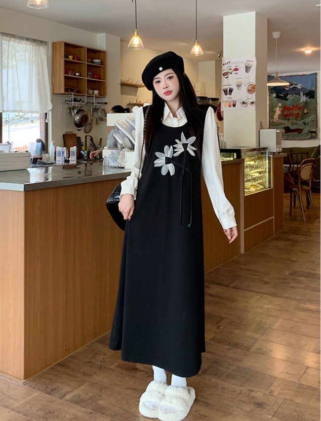 Long large yard Pseudo-two slim black dress for women