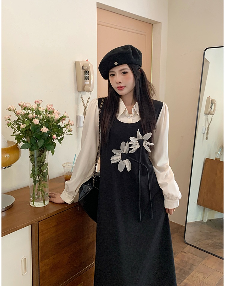 Long large yard Pseudo-two slim black dress for women