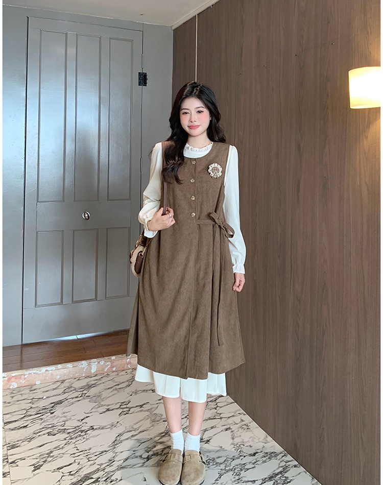 Corduroy Hepburn style dress fat sleeveless dress 2pcs set