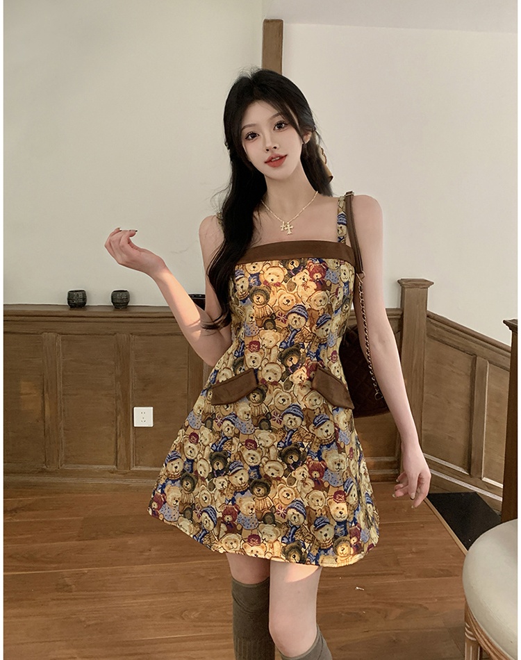 Retro short dress A-line slim strap dress 2pcs set for women