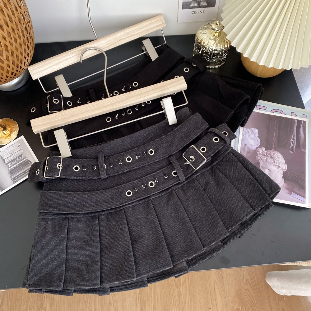 Pleated high waist skirt sexy belt for women