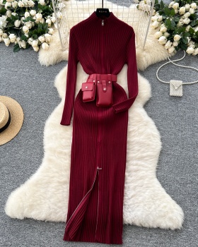 Cstand collar knitted belt zip long dress for women