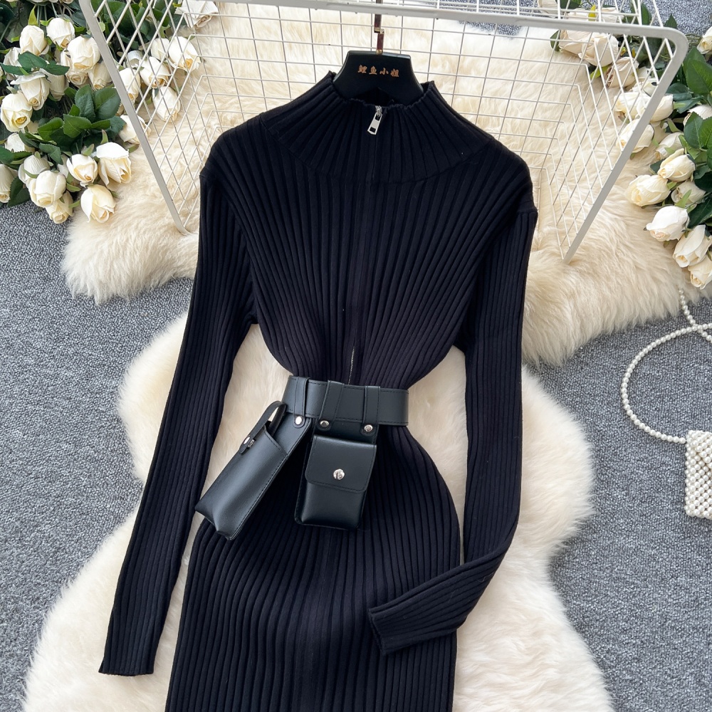 Cstand collar knitted belt zip long dress for women