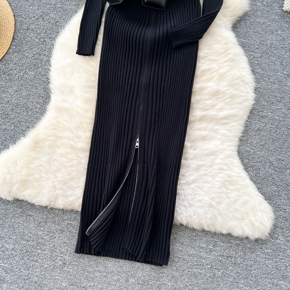 Cstand collar knitted belt zip long dress for women