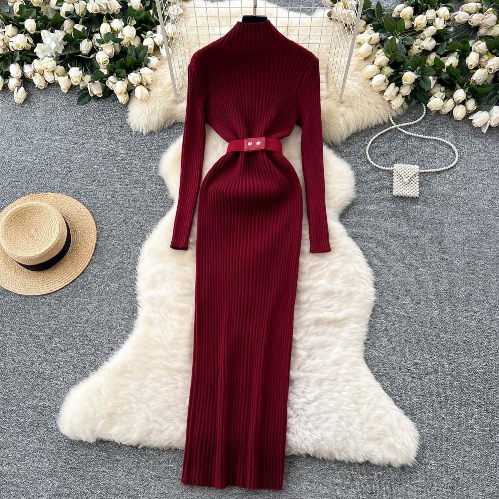 Cstand collar knitted belt zip long dress for women