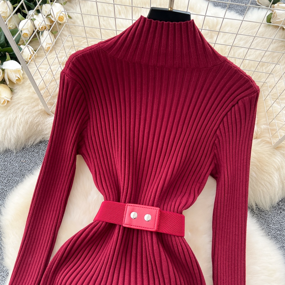 Cstand collar knitted belt zip long dress for women