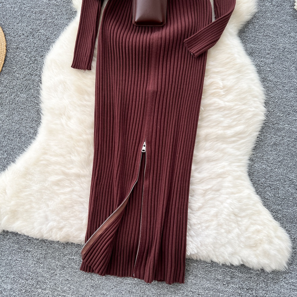 Cstand collar knitted belt zip long dress for women