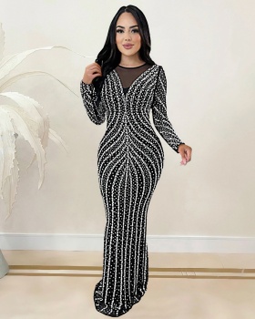 Rhinestone long dress European style dress for women