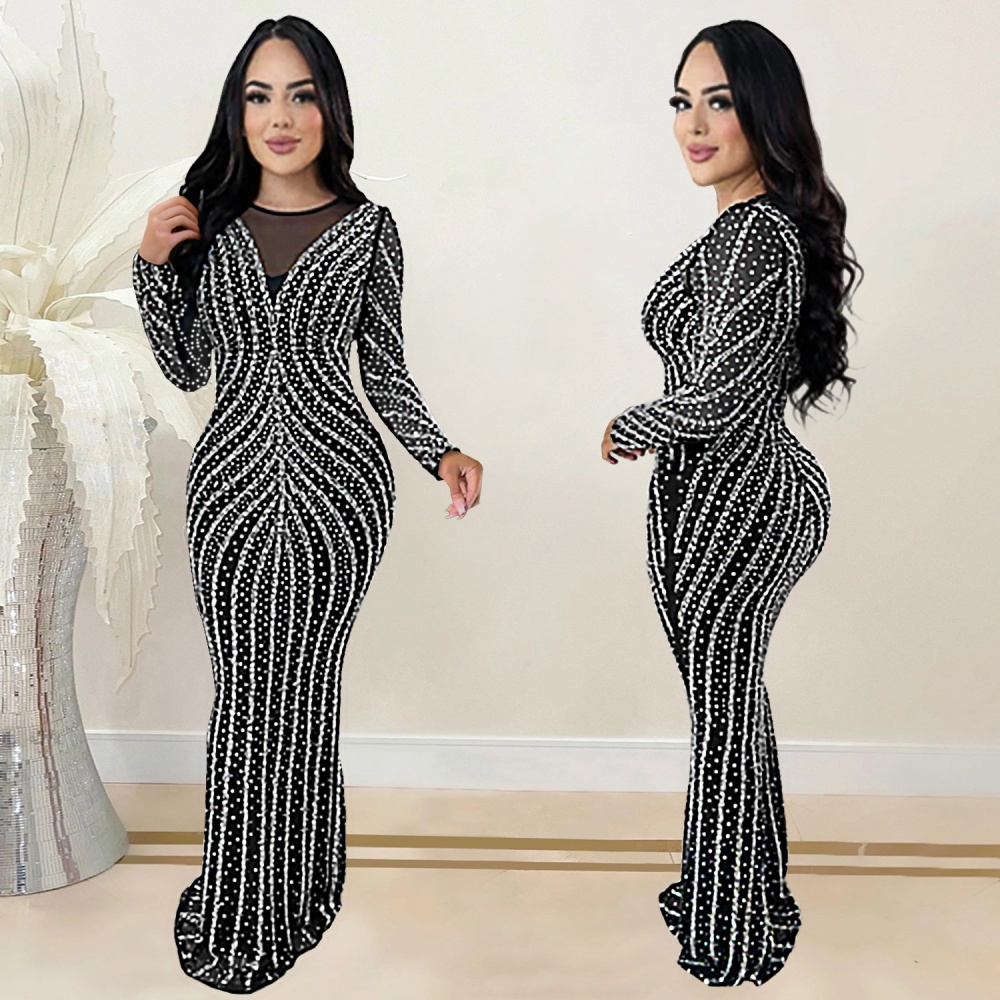 Rhinestone long dress European style dress for women