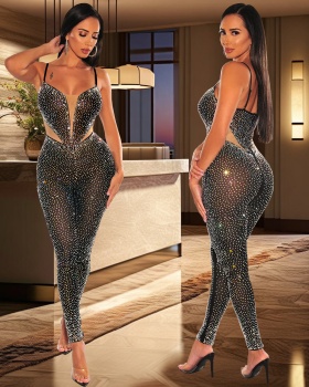 Rhinestone slim European style sling fashion jumpsuit