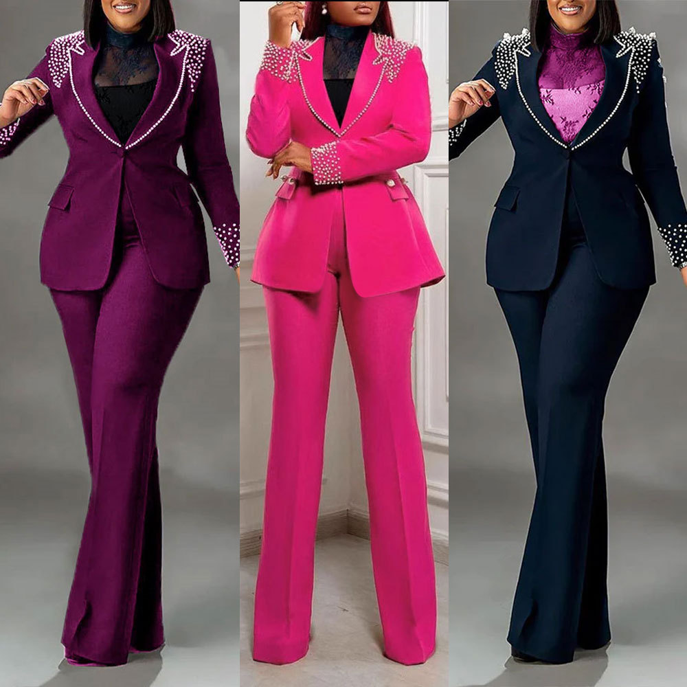 Elasticity long sleeve slim pearl business suit 2pcs set