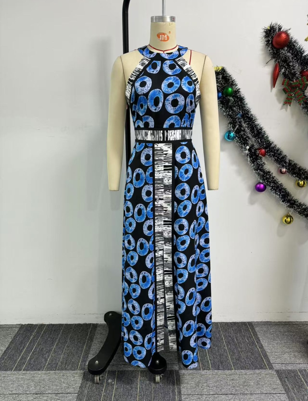 Front split printing pinched waist A-line dress