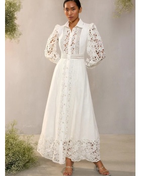 Spring lace retro lapel France style hollow dress for women