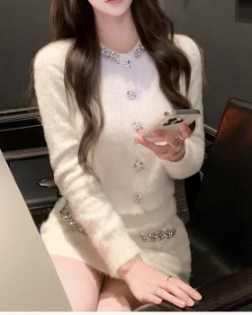 Rhinestone knitted short skirt chanelstyle sweater a set