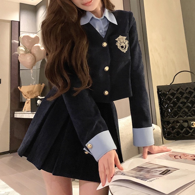 Thick coat college style short skirt a set