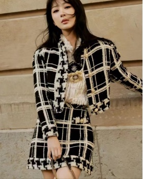 Plaid slim skirt small fellow coat 2pcs set