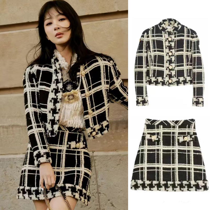 Plaid slim skirt small fellow coat 2pcs set