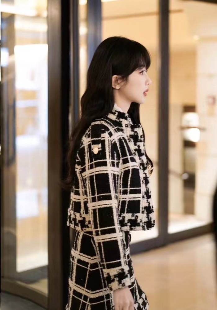 Plaid slim skirt small fellow coat 2pcs set