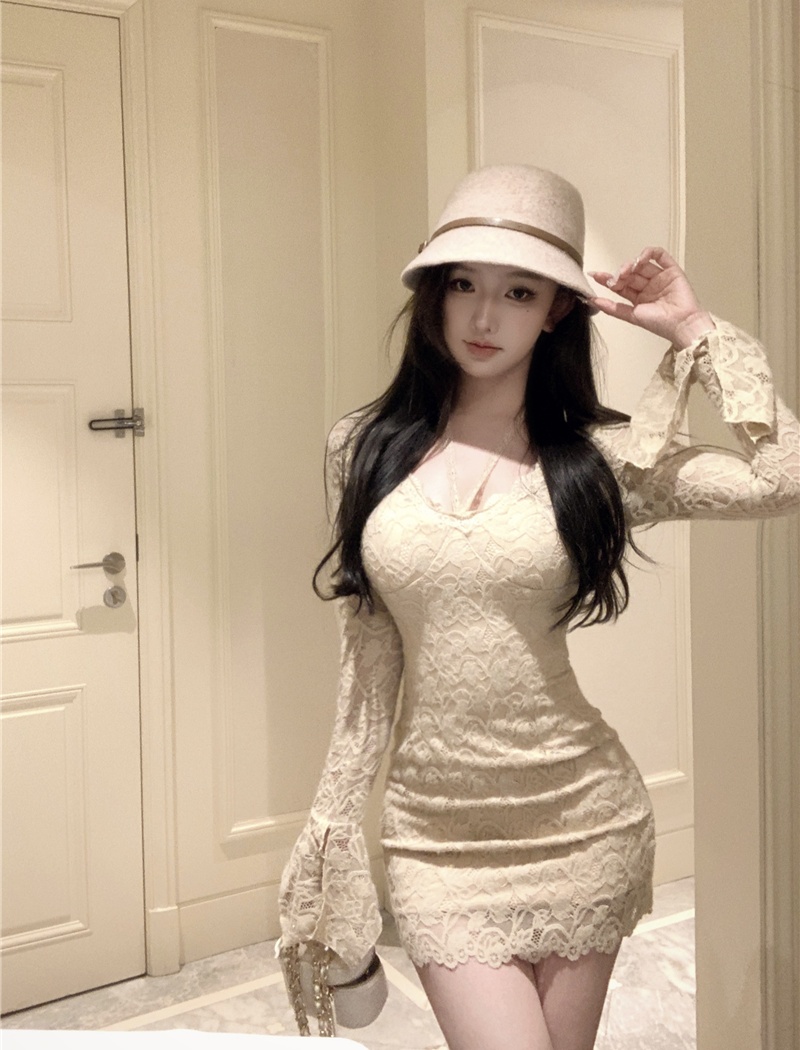 Slim long sleeve temperament France style lace dress