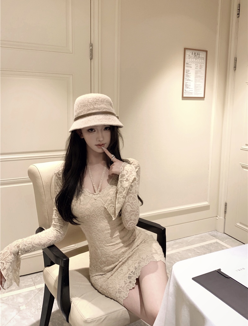 Slim long sleeve temperament France style lace dress