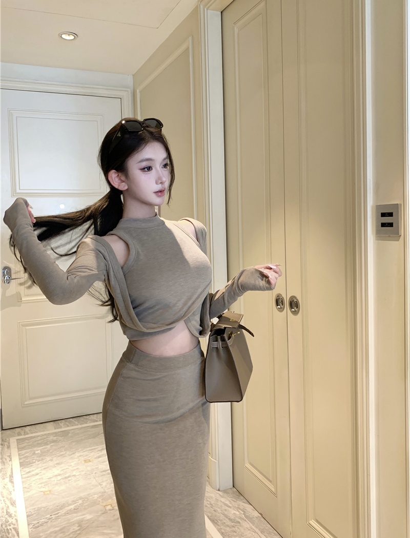 Long sleeve temperament skirt niche tops 2pcs set