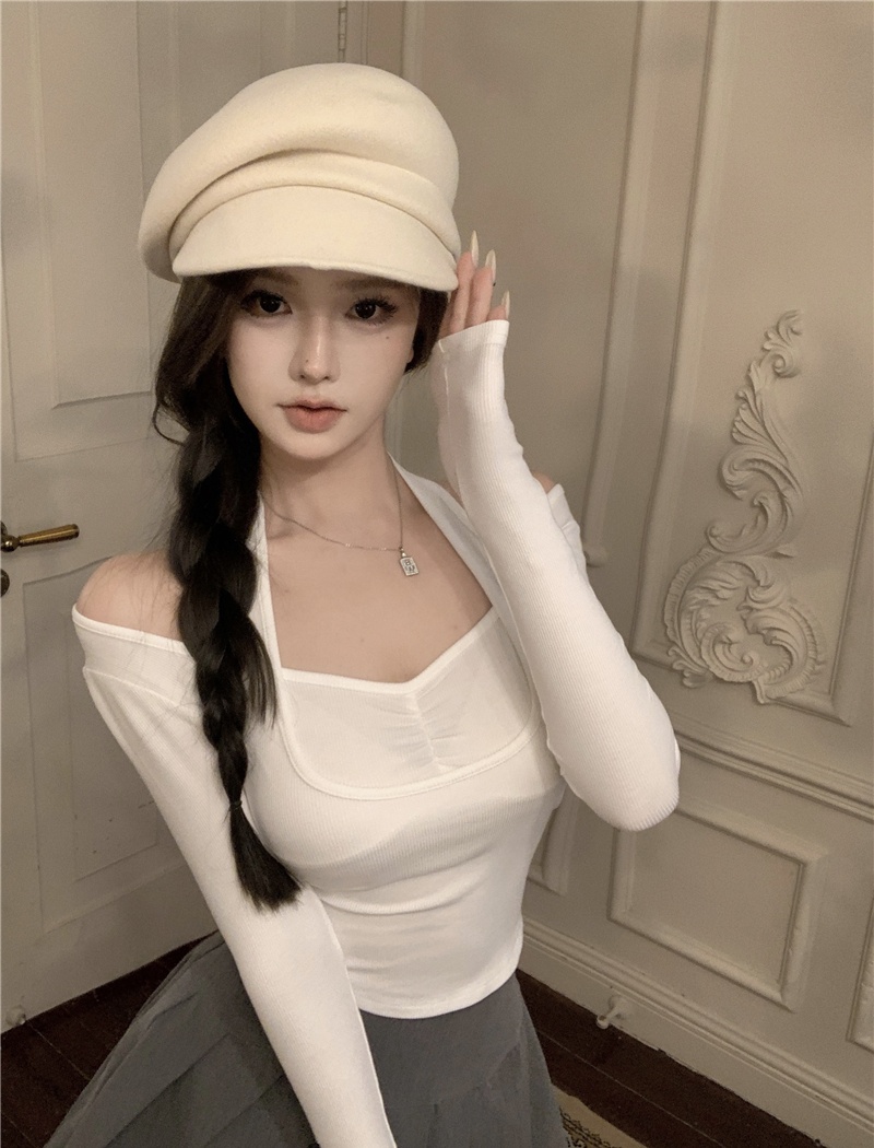 Pit stripe halter pinch pleated knitted tops 2pcs set