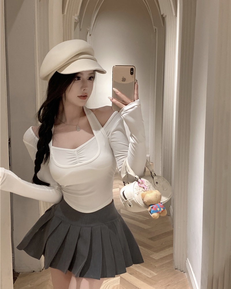 Pit stripe halter pinch pleated knitted tops 2pcs set