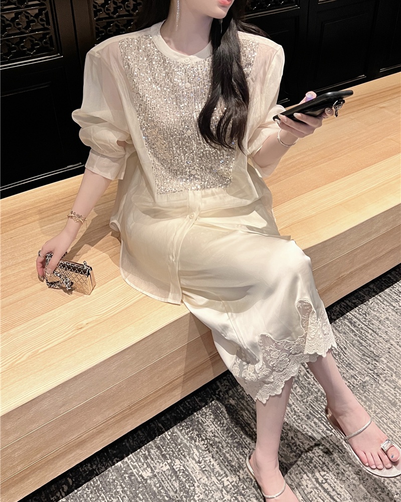 Sequins lace shirt high waist loose tops 2pcs set