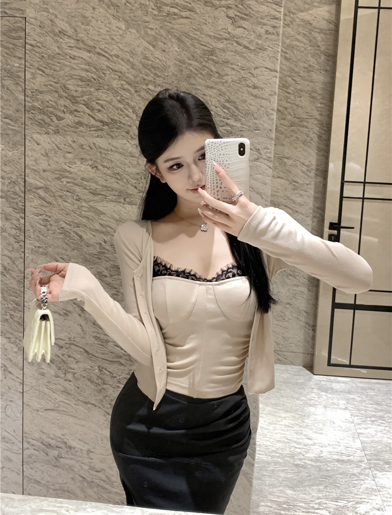 All-match knitted lace splice sling cardigan a set