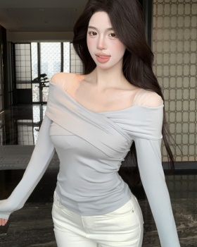 Splice long sleeve bottoming shirt sexy gauze tops