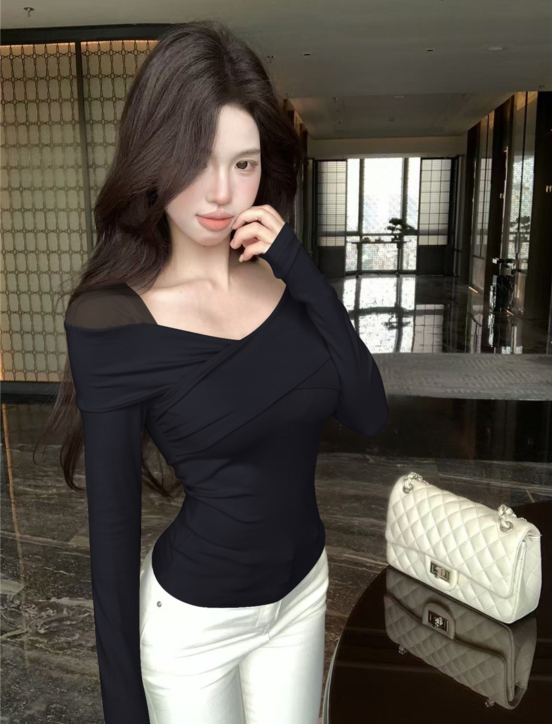 Splice long sleeve bottoming shirt sexy gauze tops