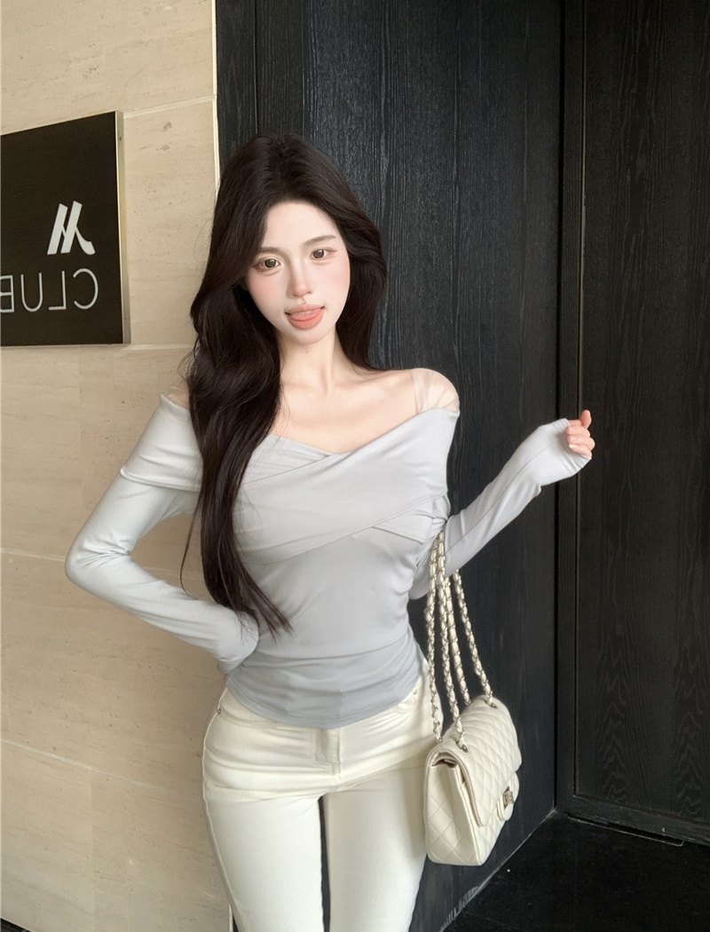 Splice long sleeve bottoming shirt sexy gauze tops