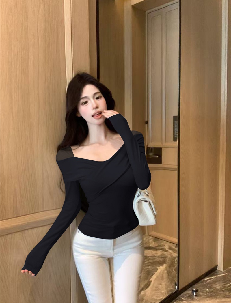 Splice long sleeve bottoming shirt sexy gauze tops