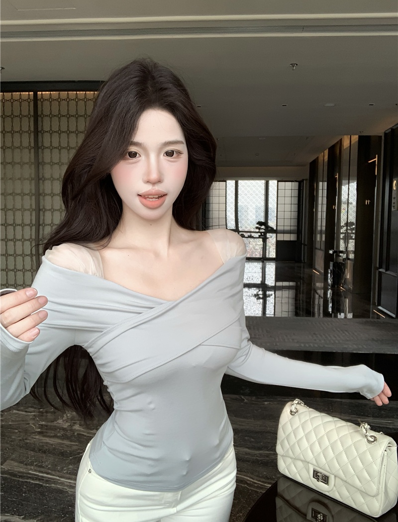 Splice long sleeve bottoming shirt sexy gauze tops