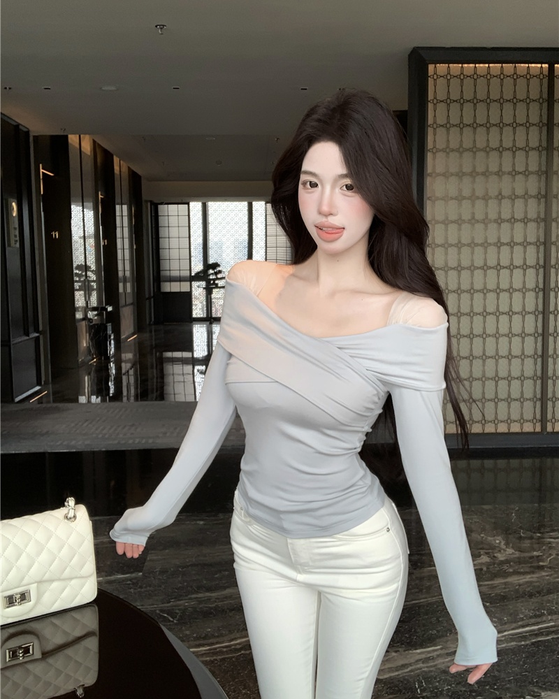 Splice long sleeve bottoming shirt sexy gauze tops