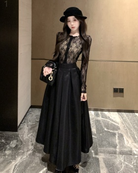 Lace black chanelstyle sexy long skirt 2pcs set